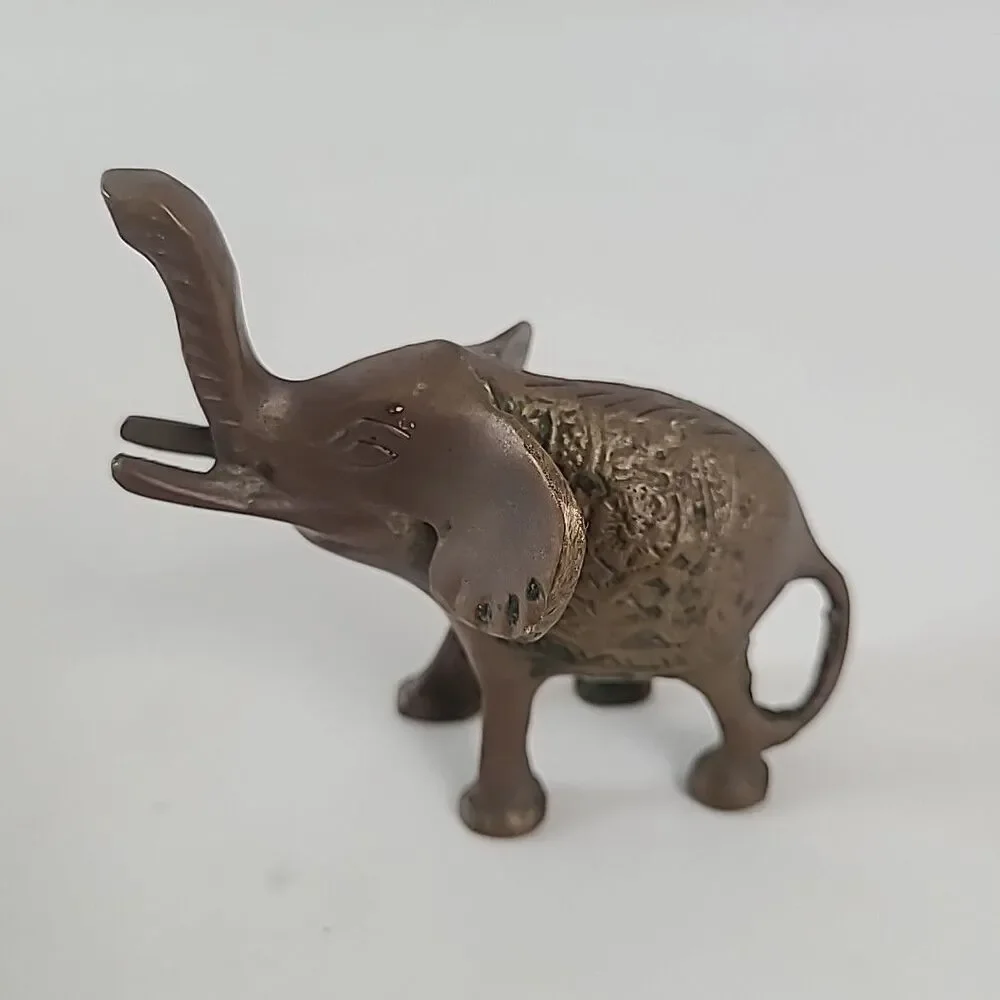 Vintage Solid Brass Elephant Figurines Pair Trunk Up Mid Century Decor